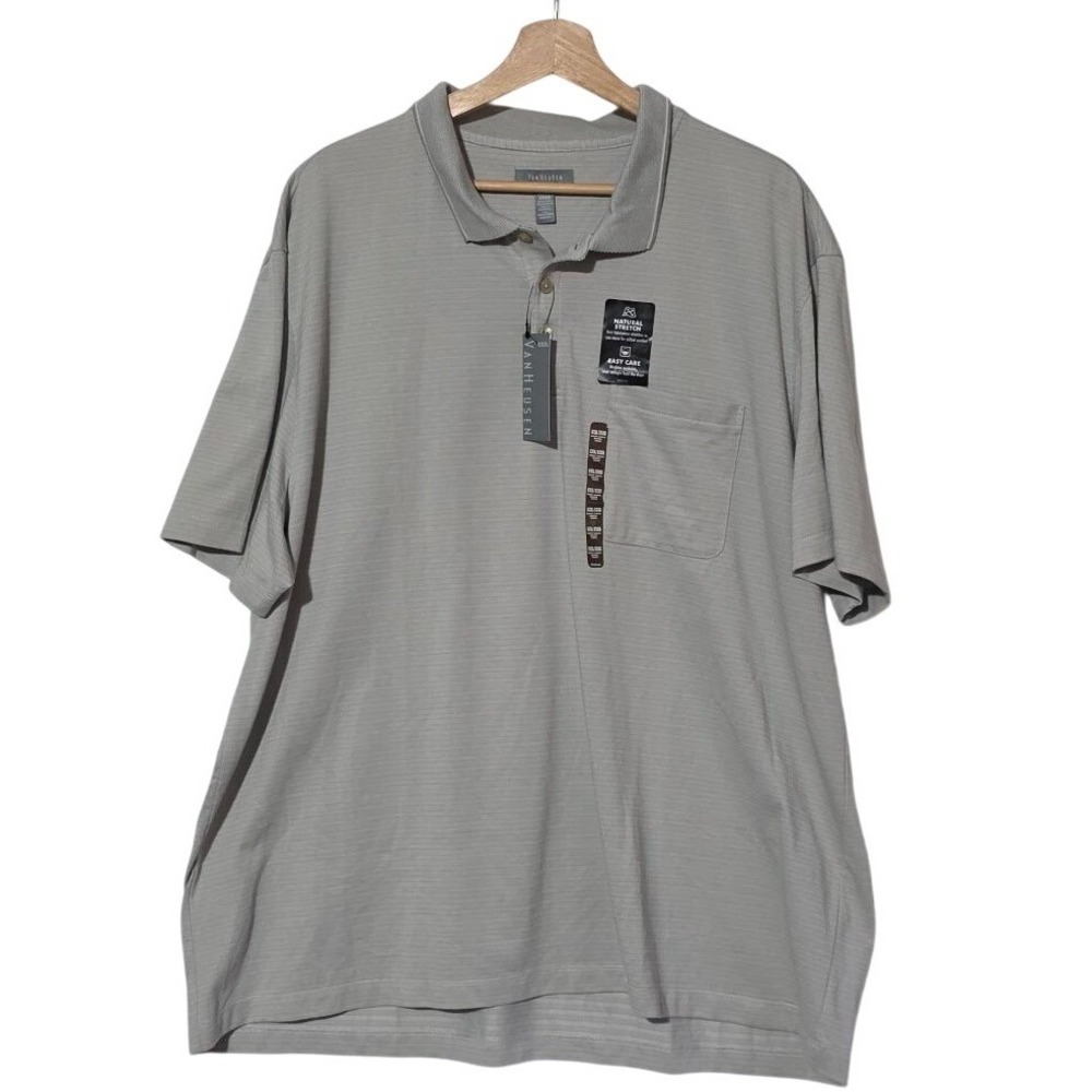 Van Heusen Polo Shirt Mens 3XL Grey New Short Sleeve Pocket Natural Stretch
